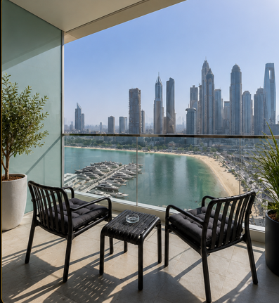 Balcony terrace overlooking Dubai Marina and the beach at Emaar Beachfront