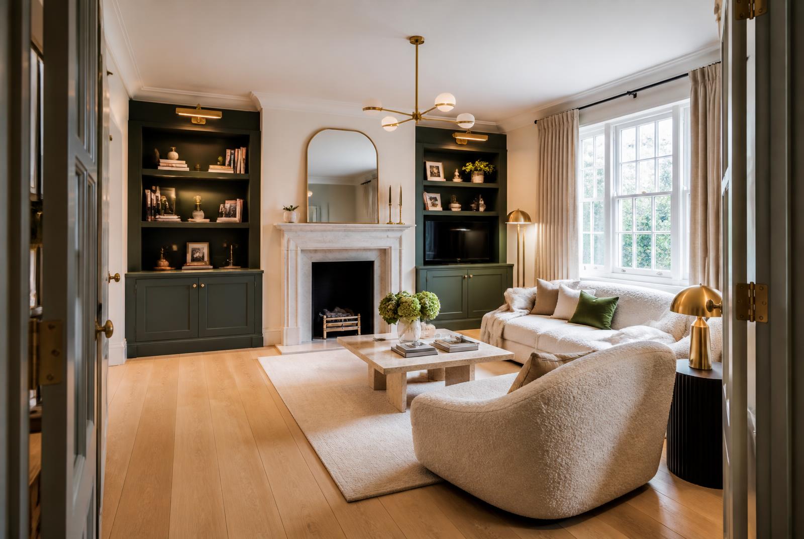 Living room after Granville renovation, with pale oak floors, deep green joinery and brass details