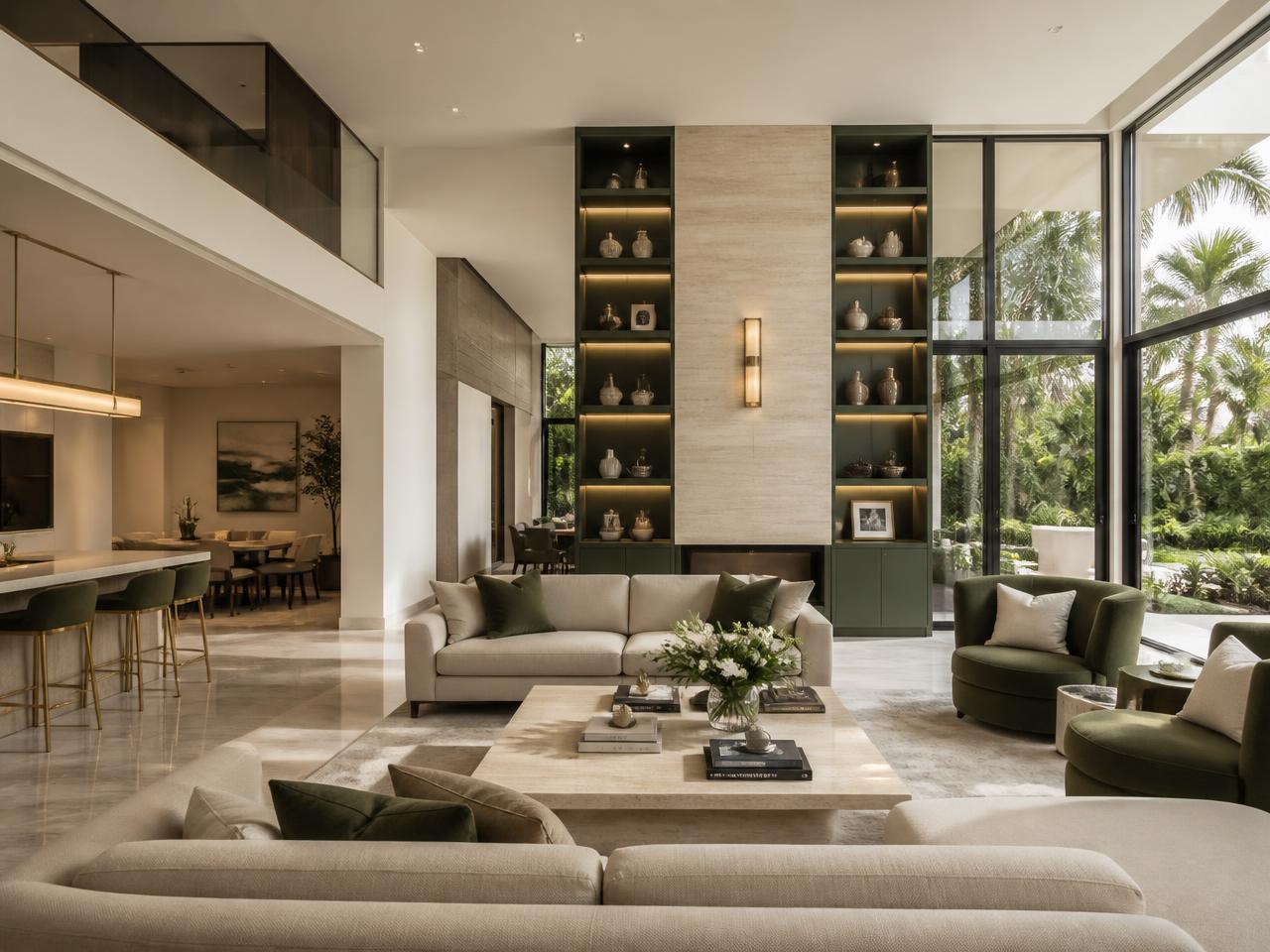 Renovated open-plan villa interior with green joinery and brass details
